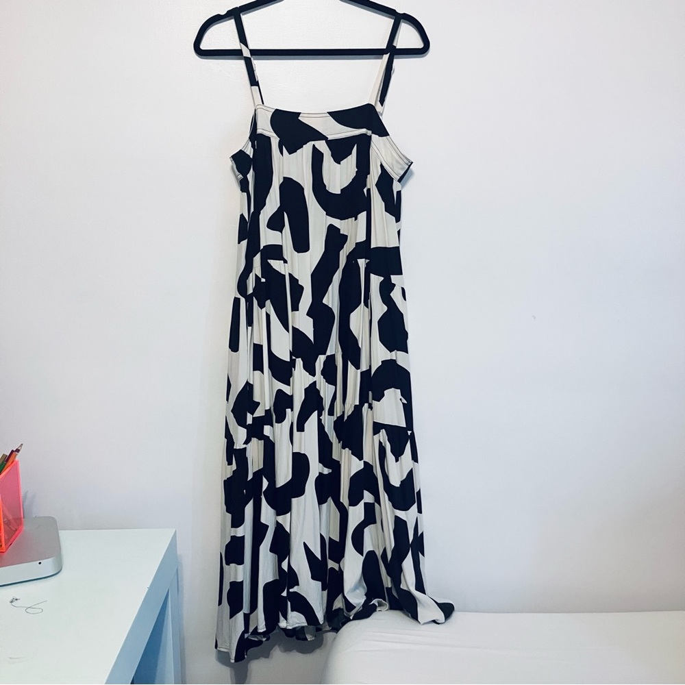 Abstract Black & White Maxi Dress with Adjustable Straps